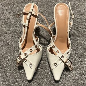 Miss Lola White Strappy Heels with Gold Accents